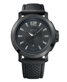 For a man of mystery. Or simply a man of impeccable taste. Watch by Hugo Boss crafted of black perforated silicone strap and round black ion-plated stainless steel case. Black dial features applied gunmetal numeral at twelve o'clock, stick indices, date window at six o'clock, luminous hands and logo. Quartz movement. Water resistant to 50 meters. Two-year limited warranty. For a man of mystery. Or simply a man of impeccable taste. Watch by Hugo Boss crafted of black perforated silicone strap and round black ion-plated stainless steel case. Black dial features applied gunmetal numeral at twelve o'clock, stick indices, date window at six o'clock, luminous hands and logo. Quartz movement. Water resistant to 50 meters. Two-year limited warranty.