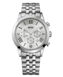 Polished precision. Dress for respect with this watch by Hugo Boss. Stainless steel bracelet and round case. Textured silver tone chronograph dial features black Roman numerals, minute track, date window, three subdials, three hands and logo. Quartz movement. Water resistant to 30 meters. Two-year limited warranty. Polished precision. Dress for respect with this watch by Hugo Boss. Stainless steel bracelet and round case. Textured silver tone chronograph dial features black Roman numerals, minute track, date window, three subdials, three hands and logo. Quartz movement. Water resistant to 30 meters. Two-year limited warranty.