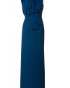 Luxurious evening gown in fine saphire blue silk - outstanding pleasant and noble quality - slim loose falling top with elegant asymmetrical drape which sexily accentuates the silhouette - decorative reaped straps, one broad, one slim, with fashionable brooch - high added straight skirt in floor length - glamorous and sexy, noble and modern, simply a beautiful evening dress in a great fashion color - pair with noble sandals