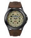 From camping to kayaking, this Timex Expedition watch has no boundaries. Brown logo-embossed leather strap and round black resin case. Printed olive dial features black numerals and luminous markers, date window at six o'clock, luminous hands and logo at twelve o'clock. Quartz movement. Water resistant to 30 meters. One-year limited warranty.