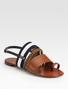 Perforated, braided leather straps accompanied by a nautical canvas strap and a unique toe ring. Leather and canvas upperLeather lining and soleMade in ItalyOUR FIT MODEL RECOMMENDS ordering one half size up as this style runs small. Perforated, braided leather straps accompanied by a nautical canvas strap and a unique toe ring. Leather and canvas upperLeather lining and soleMade in ItalyOUR FIT MODEL RECOMMENDS ordering one half size up as this style runs small.