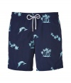 Detailed with embroidered palms, flowers and marlins, Vilebrequins Mistral swim trunks are a fun choice for beachside looks - Waterproof elastic waistband, back flap pocket with engraved metal turtle snap, side slit pockets, back eyelets for release of water, durable drawstring cord with stainless metal aglets, interior cotton briefs - Classic slim fit - Wear in the water, or post-swim with a polo and flip-flops - Comes with a logo printed drawstring pouch