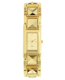 Classic style with a hint of sass, by Impulse. Watch crafted of gold tone mixed metal linked bracelet with pyramid stud detail and rectangular case. Gold tone dial features applied stick indices at three, six, nine and twelve o'clock and gold tone three hands. Quartz movement. Splash resistant. Two-year limited warranty.