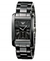 Revolutionize your look. This Emporio Armani watch features a lacquered black ceramic bracelet and rectangular case. Black dial with silvertone Roman Numerals, logo and subdial. Quartz movement. Water resistant to 30 meters. Two-year limited warranty.
