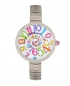 Flaunt fun house style with this watch by Betsey Johnson. Stainless steel expansion bracelet and round stainless steel case. White dial features swirling multicolored numerals, silver tone hour and minute hands and signature fuchsia second hand. Quartz movement. Water resistant to 30 meters. Two-year limited warranty.