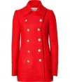 Tailored to perfection in a radiant red hue, McQ Alexander McQueens double-breasted coat adds a sharp finish of utilitarian-chic to contemporary looks - Notched buttoned lapel, extra long sleeves, double-breasted buttoned front, logo buttons, side slit pockets - Slim tailored fit - Team with feminine blouses, leather leggings and flats, or dress up with tailored sheaths and statement heels