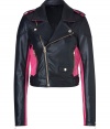 Detailed with bright magenta leather paneling, Juicy Coutures super soft lambskin moto jacket is a fun way to elevate any look - Notched collar, snapped lapel, long sleeves, stitched elbow patches, zippered cuffs, buttoned epaulettes, off-center front zip, zippered pockets, snapped front pocket, gold-toned logo hardware - Cropped, form-fitting - Wear as a fun polish to casual and cocktail looks alike