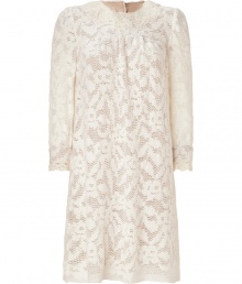 Take this seasons love for everything ladylike into your chic cocktails look with Anna Suis pristine cream wooly lace dress - Round neckline with contrast knit collar, 3/4 length sleeves, contrast knit cuffs, pleated yolk, button closures at nape, nude lined body and cuffs, allover knit lace floral patterning - Softly draped fit - Team with sparkly pumps and an oversized clutch for cocktails Take this seasons love for everything ladylike into your chic cocktails look with Anna Suis pristine cream wooly lace dress - Round neckline with contrast knit collar, 3/4 length sleeves, contrast knit cuffs, pleated yolk, button closures at nape, nude lined body and cuffs, allover knit lace floral patterning - Softly draped fit - Team with sparkly pumps and an oversized clutch for cocktails