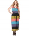 Rock one of the season's most-wanted looks with American Rag's sleeveless plus size maxi dress, accented by a colorblocked pattern and belted waist.