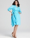 Flirty ruffles edge the crossover v-neckline of this Melissa Masse stretch cotton dress, fashioned in a flattering wrap silhouette that ties at the waist.