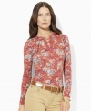 Lauren Jeans Co.'s fine-ribbed cotton floral tee is finished with chic long sleeves and a lace-up placket for a feminine look.