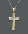 An alluring way to express your faith, this cross necklace features round-cut channel-set diamonds (1/10 ct. t.w.) within an 18k gold and sterling silver setting. Approximate length: 18 inches. Approximate drop: 1-1/4 inches.