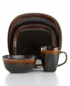 Plate it with one-of-a-kind style thanks to Gibson's Cafe Rustica dinnerware set. Reactive glaze gives distinct color and detail to squared plates, bowls and mugs with a raised edge and dark, sophisticated palette. Ultra-durable stoneware adds to its appeal.