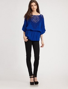 Inspire away in this jersey boatneck top with a figure-embracing waistband, romantic embroidered trim and back keyhole detail. BoatneckEmbroidered necklineThree-quarter sleevesElastic waistbandBack keyhole closureBody: RayonDry cleanMade in USAModel shown is 5'10 (177cm) wearing US size Small. Inspire away in this jersey boatneck top with a figure-embracing waistband, romantic embroidered trim and back keyhole detail. BoatneckEmbroidered necklineThree-quarter sleevesElastic waistbandBack keyhole closureBody: RayonDry cleanMade in USAModel shown is 5'10 (177cm) wearing US size Small.