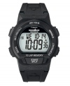 Every lap, every race and every game. Timex has you covered with this Ironman digital watch. Black resin strap and oval case. Positive display digital dial features initial time, day, date, seconds and ten-lap recall. Quartz movement. Water resistant to 100 meters. One-year limited warranty.