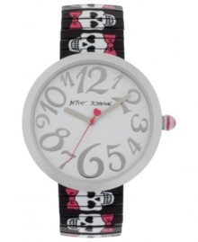 Show your bones. This edgy Betsey Johnson watch features a skull print at the bracelet. Show your bones. This edgy Betsey Johnson watch features a skull print at the bracelet.