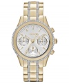 Golden shine and swirling rings of crystal accents prettify this timeless steel watch from DKNY.