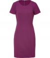 Easy and elegant, this practical day dress from DKNY will elevate your workweek attire - Round neck, short sleeves, fitted silhouette, seaming details, concealed back zip closure - Style with a slim trench and platform heels