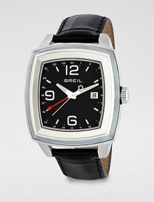 From the Orchestra collection, this watch features a trio of chronograph sub-dials, with an additional hour hand to keep time in two time zones and a clear-glass insert for an eye-catching look.Chronograph movementWater-resistant to 5ATMRectangular stainless steel case: 42mm diameter(1.63)Silver-accented, black dialDate display at 3 o'clockSecond handCroc-embossed leather strapImported From the Orchestra collection, this watch features a trio of chronograph sub-dials, with an additional hour hand to keep time in two time zones and a clear-glass insert for an eye-catching look.Chronograph movementWater-resistant to 5ATMRectangular stainless steel case: 42mm diameter(1.63)Silver-accented, black dialDate display at 3 o'clockSecond handCroc-embossed leather strapImported
