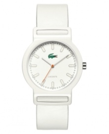 Get decked out with monochromatic style. The Lacoste Tokyo watch features a white leather strap and round stainless steel case. White dial with tonal stick indices and logo. Quartz movement. Water resistant to 30 meters. Two-year limited warranty. Get decked out with monochromatic style. The Lacoste Tokyo watch features a white leather strap and round stainless steel case. White dial with tonal stick indices and logo. Quartz movement. Water resistant to 30 meters. Two-year limited warranty.