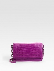 A timelessly chic design in beautiful crocodile, features a removable strap to convert it to a crossbody bag.Removable leather and chain strap, 22½ drop Magnetic flap closure One outside open pocket Two inside zip pockets Two inside open pockets Six credit card slots Leather lining 7½W X 5H X 1½D Imported A timelessly chic design in beautiful crocodile, features a removable strap to convert it to a crossbody bag.Removable leather and chain strap, 22½ drop Magnetic flap closure One outside open pocket Two inside zip pockets Two inside open pockets Six credit card slots Leather lining 7½W X 5H X 1½D Imported