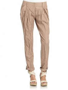 THE LOOKWaistband with belt loopsZip fly with slide tab closuresAngled pocketsRolled cuffed hemTHE FITRise, about 9Inseam, about 28THE MATERIAL91% cotton/9% metallic fibersCARE & ORIGINDry cleanImportedModel shown is 5'11 (180cm) wearing US size 4. THE LOOKWaistband with belt loopsZip fly with slide tab closuresAngled pocketsRolled cuffed hemTHE FITRise, about 9Inseam, about 28THE MATERIAL91% cotton/9% metallic fibersCARE & ORIGINDry cleanImportedModel shown is 5'11 (180cm) wearing US size 4.