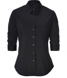 Both classic and cool with a flattering modern tailored fit, Steffen Schrauts black smoke sleeve shirt is a chic choice packed with wearing possibilities - Classic collar, ruched 3/4 sleeves with stitched cuffs, button-down front, shirttail hemline - Tailored fit - Wear with bright flats, slim-fit separates and a carryall tote to work Both classic and cool with a flattering modern tailored fit, Steffen Schrauts black smoke sleeve shirt is a chic choice packed with wearing possibilities - Classic collar, ruched 3/4 sleeves with stitched cuffs, button-down front, shirttail hemline - Tailored fit - Wear with bright flats, slim-fit separates and a carryall tote to work
