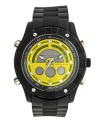 Boost your energy level with this bold watch by Unlisted. Black rubber strap and round black-plated mixed metal case. Yellow dial features tachymeter scale, luminous stick indices, digital display subdials and logo. Quartz movement. Splash resistant. Two-year limited warranty.