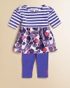 This charming set includes a striped, floral tunic with flared hem and a matching pair of ultra-soft, ultra-sweet leggings. Tunic Round necklineShort sleevesShoulder buttons Leggings Elastic waistbandTunic: Cotton poplinLeggings: 94% cotton/6% spandexMachine washImported Please note: Number of buttons may vary depending on size ordered. 