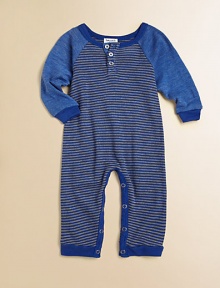 With cool mini-stripes, ribbed details and raglan sleeves, a sporty onesie for the ballplayer-to-be.CrewneckFront buttonsLong sleeves with cuffsBottom snap closure50% polyester/38% cotton/12% rayonMachine washImported Please note: Number of buttons may vary depending on size ordered. With cool mini-stripes, ribbed details and raglan sleeves, a sporty onesie for the ballplayer-to-be.CrewneckFront buttonsLong sleeves with cuffsBottom snap closure50% polyester/38% cotton/12% rayonMachine washImported Please note: Number of buttons may vary depending on size ordered.