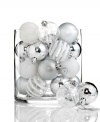 A favorite from one year to the next, Kurt Adler's shatterproof ball ornaments mix stripes and swirls of glitter with matte and shiny finishes, all in elegant silver.