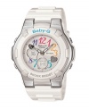 Rainbow colors and sparkling hearts sweeten up this tough-girl watch by Baby-G. White resin strap and round case with metal accents. Shock-resistant analog-digital white dial features LED light, world time, five daily alarms, stopwatch, countdown timer, 12/24-hour formats, multicolored numerals, minute track, hearts, positive display subdials, two luminous silver tone hands and logo. Quartz movement. Water resistant to 100 meters. One-year limited warranty.