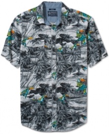 Whether you're vacationing in the tropics, or staycation-ing in the suburbs, this American Rag shirt is a must-have. Whether you're vacationing in the tropics, or staycation-ing in the suburbs, this American Rag shirt is a must-have.