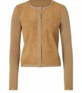 Elegant cotton-knit cardigan with soft suede detail is a timeless piece that adds sophistication to any wardrobe - Features long, slim sleeves, high, rounded collar and short waist - Stitched panels of luxurious suede at front give subtle style to the piece - Wear to the office with a pencil skirt and silk top and stiletto heels, or with fitted trousers and kitten heels