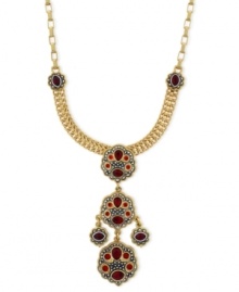 Eclectic appeal. This pendant necklace from Jessica Simpson is crafted from gold-tone mixed metal with faceted red stones adding a fashion infusion. Approximate length: 26 inches. Approximate drop: 3 inches. Eclectic appeal. This pendant necklace from Jessica Simpson is crafted from gold-tone mixed metal with faceted red stones adding a fashion infusion. Approximate length: 26 inches. Approximate drop: 3 inches.