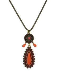 Style inspired by the South Pacific. Jessica Simpson's oh-so summery pendant features a brilliant coral-colored plastic teardrop and accents set in bronze tone mixed metal. Pendant hangs from a trendy silver tone mixed metal chain. Approximate length: 30 inches. Approximate drop: 2-1/2 inches. Style inspired by the South Pacific. Jessica Simpson's oh-so summery pendant features a brilliant coral-colored plastic teardrop and accents set in bronze tone mixed metal. Pendant hangs from a trendy silver tone mixed metal chain. Approximate length: 30 inches. Approximate drop: 2-1/2 inches.
