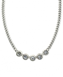 Shining chic. This frontal chain necklace from Jessica Simpson is crafted from silver-tone mixed metal with glass crystal stones adding a lustrous touch. Approximate length: 16 inches. Shining chic. This frontal chain necklace from Jessica Simpson is crafted from silver-tone mixed metal with glass crystal stones adding a lustrous touch. Approximate length: 16 inches.