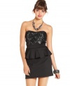 A peplum skirt outlines your best assets in this strapless dress from Trixxi! Lace and sequins add charm!