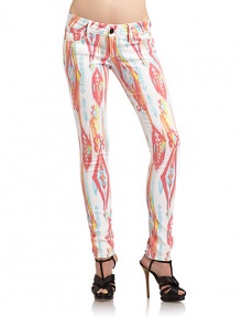 THE LOOKTonal ikat printWide waistband with belt loopsFront button closure with zip flyFive-pocket styleRemovable logo charm at belt loopSkinny legsPyramid studs at back pocketTHE FITRise, about 7Inseam, about 28THE MATERIAL43% lyocell/26% cotton/17% rayon/13% polyester/1% spandexCARE & ORIGINMachine washImported of domestic fabricModel shown is 5'10 (177cm) wearing US size 4. THE LOOKTonal ikat printWide waistband with belt loopsFront button closure with zip flyFive-pocket styleRemovable logo charm at belt loopSkinny legsPyramid studs at back pocketTHE FITRise, about 7Inseam, about 28THE MATERIAL43% lyocell/26% cotton/17% rayon/13% polyester/1% spandexCARE & ORIGINMachine washImported of domestic fabricModel shown is 5'10 (177cm) wearing US size 4.