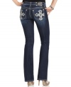 Embroidered crosses with rhinestones add eye-catching appeal to these Miss Me bootcut jeans -- perfect for daytime glam!