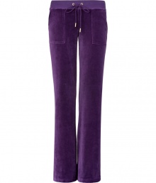 Off-duty looks get an effortless cool edge with Juicy Coutures bootcut velour lounge pants - Drawstring waistline, flared leg, sits low on the hips - Figure-hugging fit - Style with a tee and cozy pullover, or for a sportier look, with a matching hoodie and flats Off-duty looks get an effortless cool edge with Juicy Coutures bootcut velour lounge pants - Drawstring waistline, flared leg, sits low on the hips - Figure-hugging fit - Style with a tee and cozy pullover, or for a sportier look, with a matching hoodie and flats