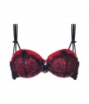 Get the sultry glamorous look of a vintage pin up girl in Von Follies by Dita Von Teeses black and luxury red 40s-inspired eyelash lace balconette bra - Underwire style with wired sides, lightly padded structured cups, slinky lightweight satin under black eyelash lace, fishnet sides, triple thin satin straps, iconic soft elastic triangle cross back detail, adjustable back hook-and-eye closures - Wear with the matching garter belt for a seriously seductive look