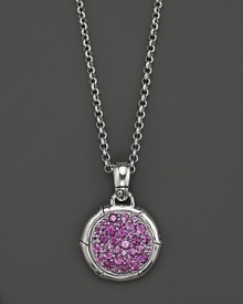 Sterling silver, jointed like a bamboo stalk, circles glittering pavé amethyst gems on a pendant suspended from a delicate adjustable chain. Sterling silver, jointed like a bamboo stalk, circles glittering pavé amethyst gems on a pendant suspended from a delicate adjustable chain.