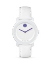 Medium Movado BOLD watch with white dial with purple accents.