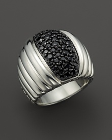 Black sapphire pavé adds elegant drama to a sterling silver dome ring from the John Hardy Bedeg collection. Black sapphire pavé adds elegant drama to a sterling silver dome ring from the John Hardy Bedeg collection.
