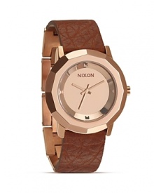 Favored for it's cool, sporty aesthetic, Nixon is the go to for watches with distinct style. This rose gold stainless steel and leather piece is a prime example with a modernist design and performance level durability. Favored for it's cool, sporty aesthetic, Nixon is the go to for watches with distinct style. This rose gold stainless steel and leather piece is a prime example with a modernist design and performance level durability.