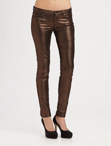 Foil-like metallic finish adds an alluring dose of shine to these stunning, day-to-night skinnies. THE FITMedium rise, about 8Inseam, about 30THE DETAILSZip flyFive-pocket style97% cotton/3% spandexMachine washMade in USA of imported fabricModel shown is 5'9 (175cm) wearing US size 0. Foil-like metallic finish adds an alluring dose of shine to these stunning, day-to-night skinnies. THE FITMedium rise, about 8Inseam, about 30THE DETAILSZip flyFive-pocket style97% cotton/3% spandexMachine washMade in USA of imported fabricModel shown is 5'9 (175cm) wearing US size 0.