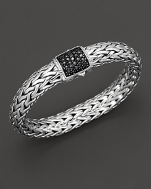Large signature sterling woven chain bracelet with carved chain black sapphire clasp, designed by John Hardy. Large signature sterling woven chain bracelet with carved chain black sapphire clasp, designed by John Hardy.