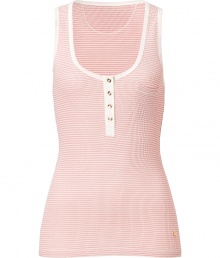 Tank top in fine striped cotton and modal blend - Super-soft thermal fabric feels great against the skin - Chic pink and ecru contrast colorway - Feminine, fitted silhouette, cut to sit just below hips - Deep scoop collar with button closure, small pocket at chest - A lovely sleepwear basic to pair with pajama pants or shorts