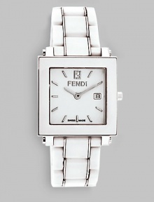 Polished stainless steel case timepiece with highly scratch resistant ceramic layer. Unisex design makes it perfect for men and women. Water-resistant to 5 ATM Square case, 30mm, 1.18 Sapphire crystal Date display Band width, 18mm, 0.71; length, 173mm, 6.81 Push-button deployant buckle Swiss movement Made in Switzerland Polished stainless steel case timepiece with highly scratch resistant ceramic layer. Unisex design makes it perfect for men and women. Water-resistant to 5 ATM Square case, 30mm, 1.18 Sapphire crystal Date display Band width, 18mm, 0.71; length, 173mm, 6.81 Push-button deployant buckle Swiss movement Made in Switzerland